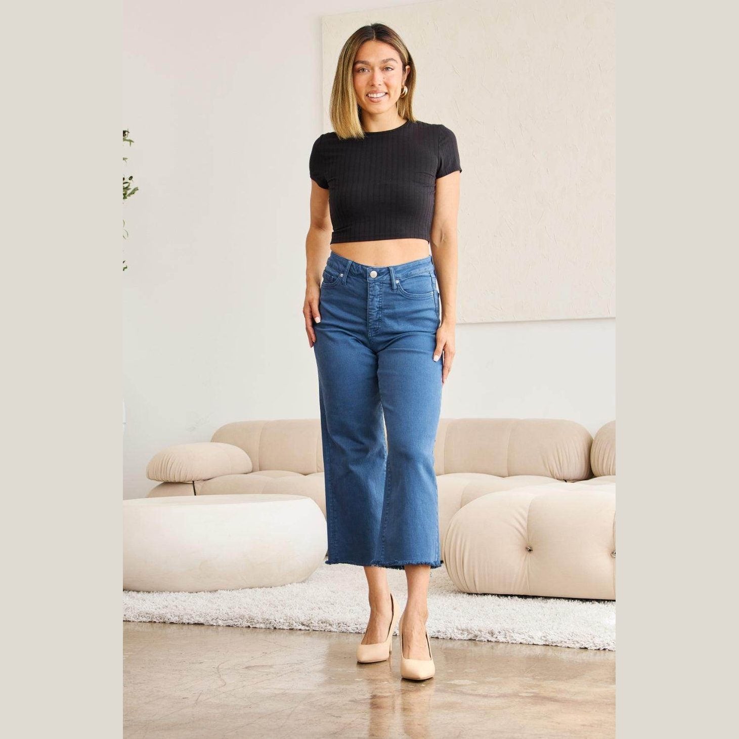 RFM Crop Chloe Full Size Tummy Control High Waist Raw Hem - VacationGrabs