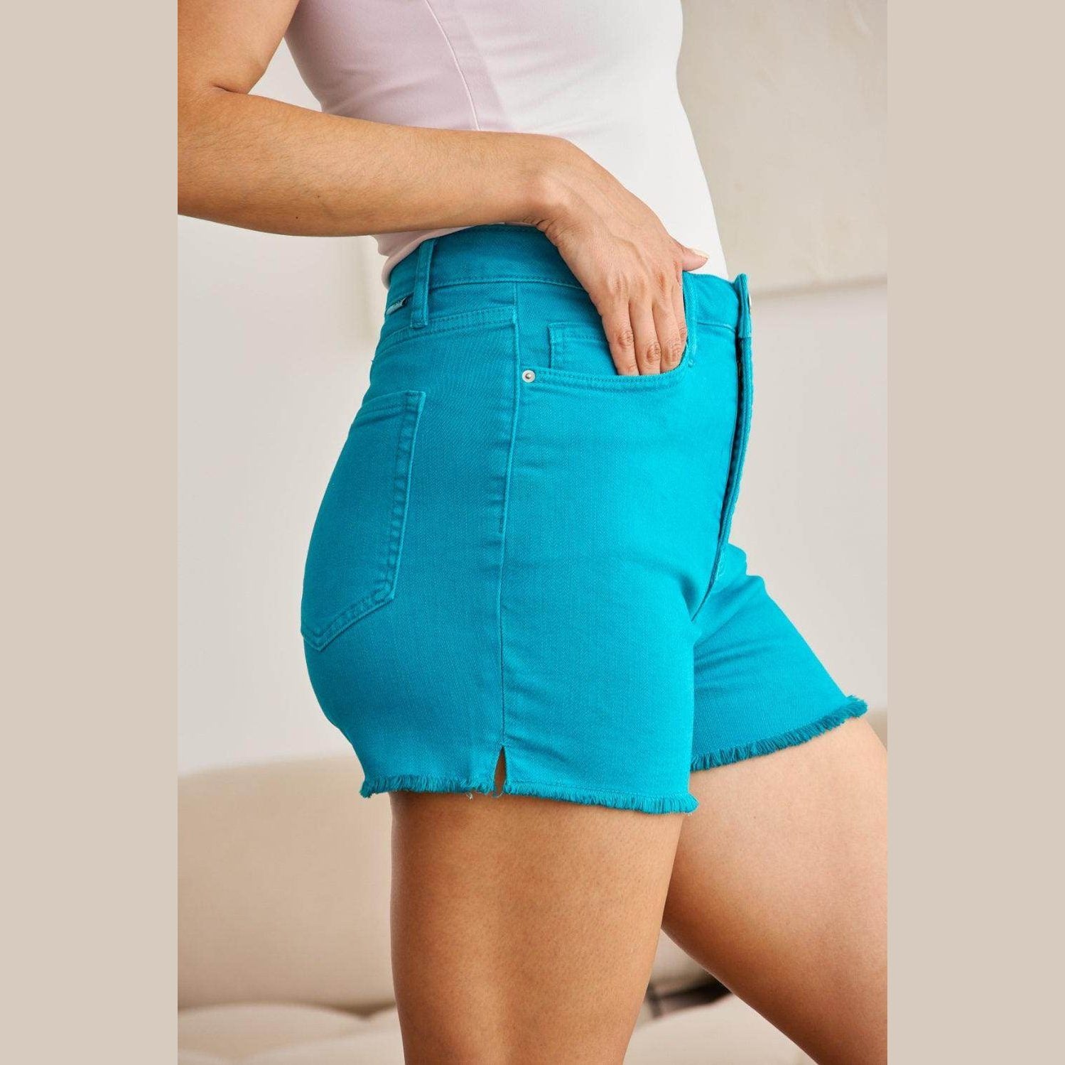 RFM Tummy Control High Waist Raw Hem Denim Shorts - VacationGrabs