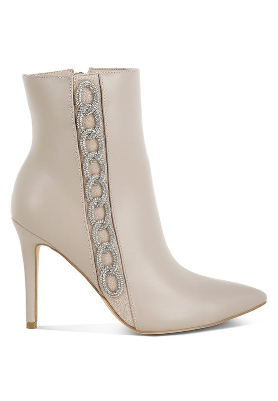 Rag Company rhinestone chain ankle boots in beige with a sleek design and high heel