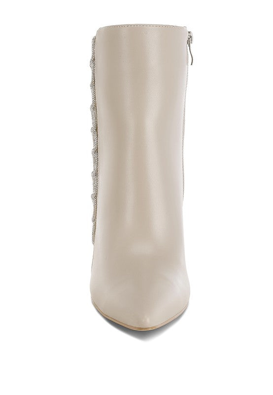 Rhinestone chain ankle boots in beige with sleek design and side zipper for easy wear