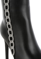 Stylish black rhinestone chain ankle boots with a chic pointed toe and stiletto heel