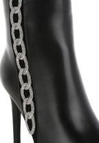 Stylish black rhinestone chain ankle boots with a chic pointed toe and stiletto heel