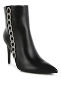 Rag Company women's rhinestone chain ankle boots with a sleek black finish and pointed toe