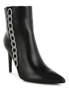 Rag Company women's rhinestone chain ankle boots with a sleek black finish and pointed toe