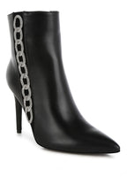 Rag Company women's rhinestone chain ankle boots with a sleek black finish and pointed toe