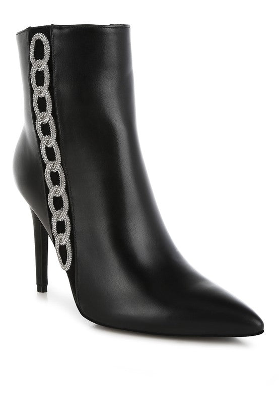 Rag Company women's rhinestone chain ankle boots with a sleek black finish and pointed toe