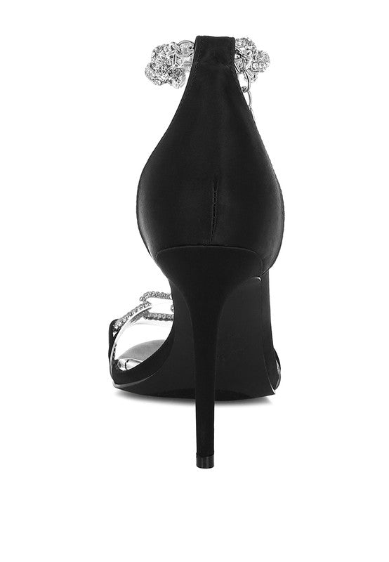 Women's black satin rhinestone chain stiletto sandals for elegant occasions