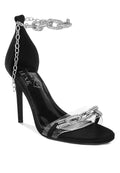 Women's black rhinestone chain stiletto sandals, perfect for evening events