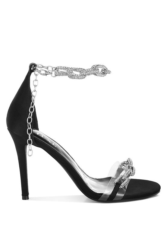 Women's black rhinestone chain stiletto sandals for elegant occasions