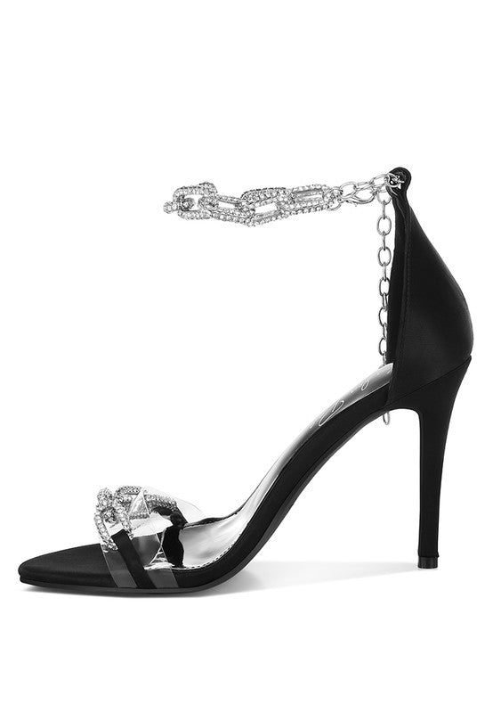 Women's black rhinestone chain stiletto sandals for elegant occasions