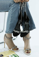 Women's rhinestone chain stiletto sandals, stylish black heels for events