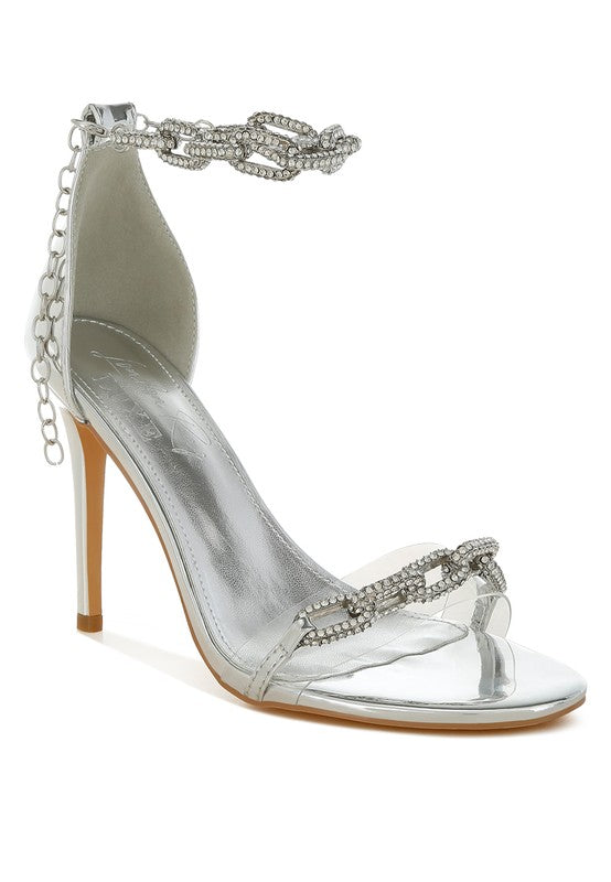 Women's silver rhinestone chain stiletto sandals for special occasions
