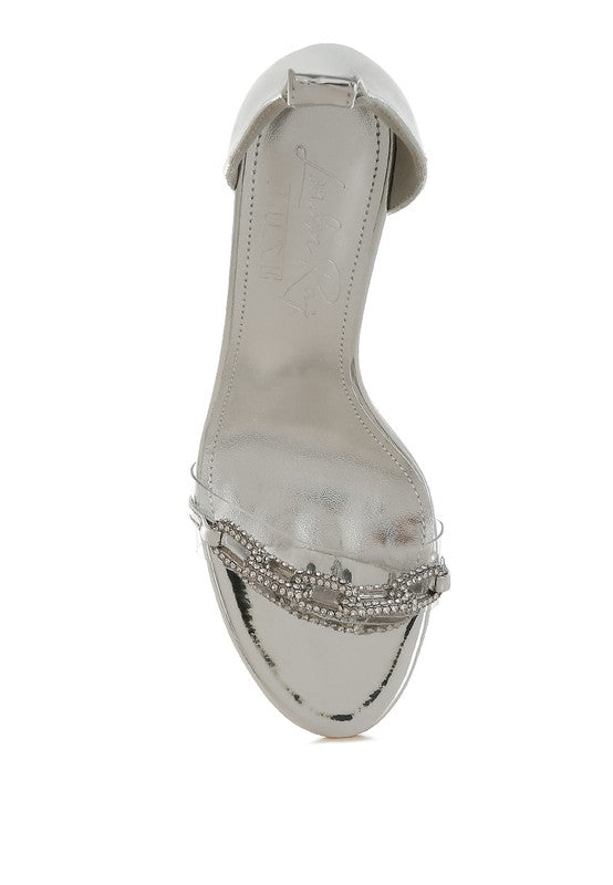 Women's silver rhinestone chain stiletto sandals for elegant occasions
