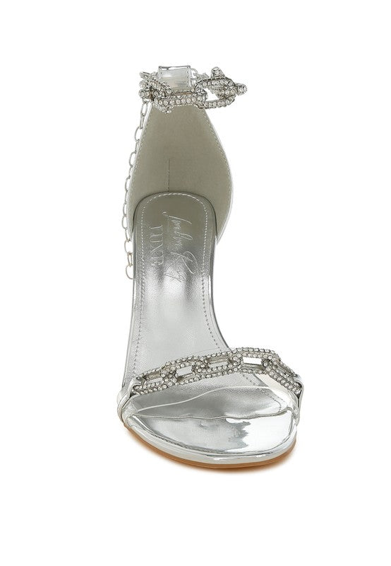 Silver rhinestone chain stiletto sandals for stylish women's evening wear