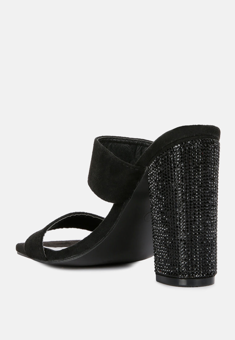 Black women's heels featuring a stylish design and rhinestone embellished sandals for a chic look