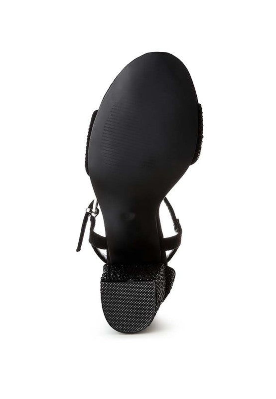 Women's black rhinestone embellished sandals for elegant evening wear