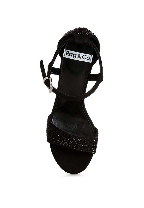 Black rhinestone embellished sandals for women, elegant evening wear