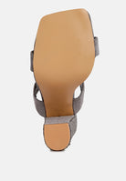 Bottom view of London Rag International rhinestone embellished sandals with a stylish heel design