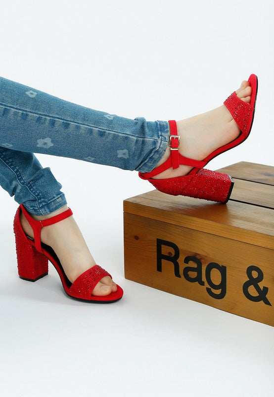 Women's red rhinestone embellished sandals with chunky heels for stylish occasions