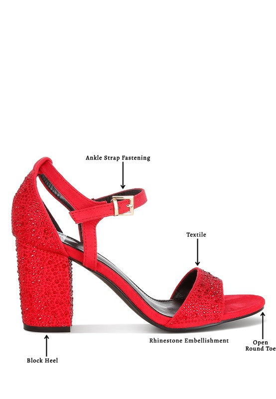 Red rhinestone embellished sandals with ankle strap for elegant style
