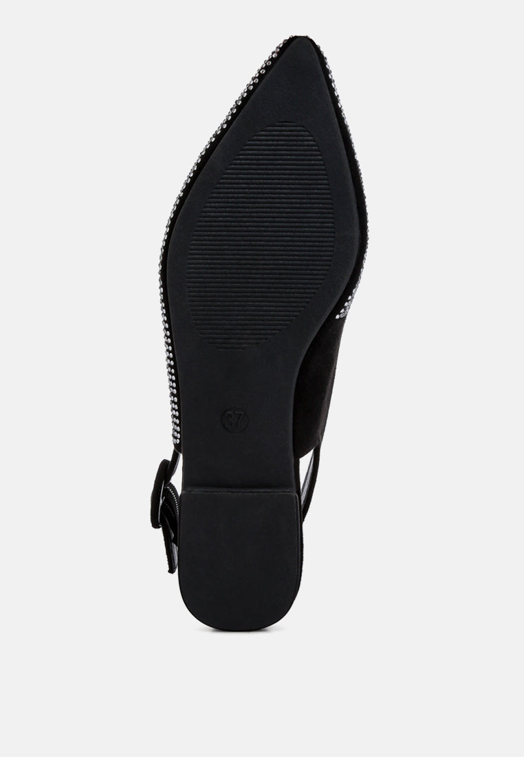 Black rhinestone embellished slingback mules with a pointed toe and low heel from London Rag International