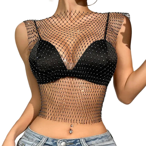 Rhinestone fishnet crop top shell only worn over black bra with sleeveless design and high neckline