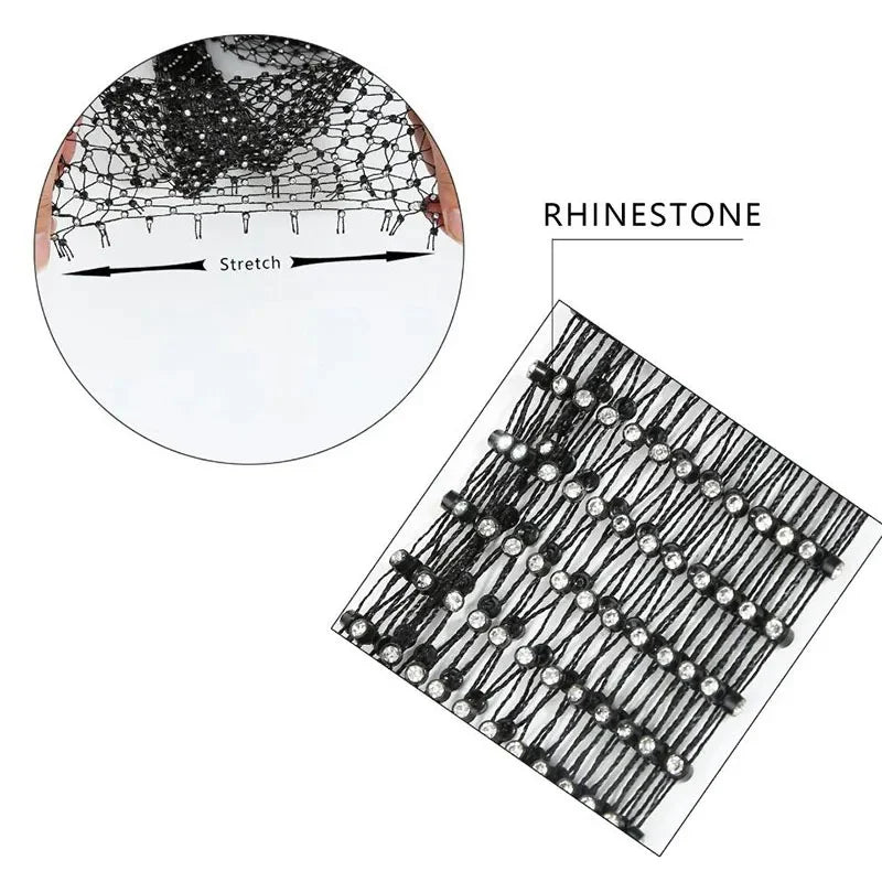 Black rhinestone fishnet crop top shell only showing stretchable fabric and rhinestone detailing