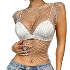 Rhinestone fishnet crop top shell only with sparkling bead details over white bra and jeans