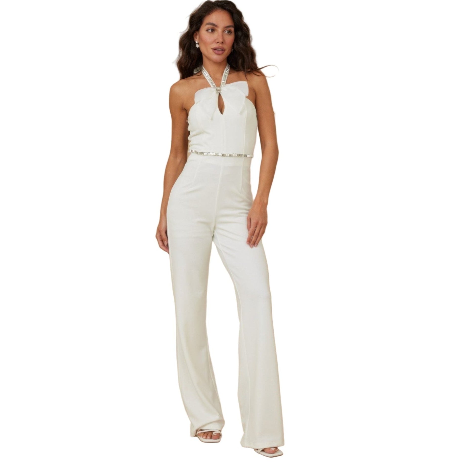 Stylish rhinestone halter neck jumpsuit in white, perfect for summer outings and special occasions
