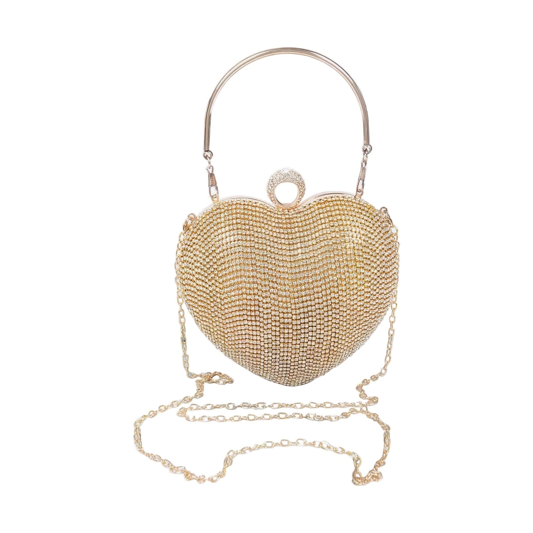 Gold rhinestone heart shape clutch with a stylish chain strap for elegant occasions