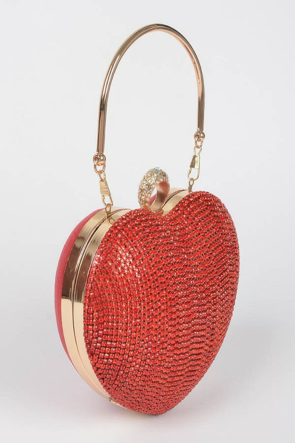Rhinestone heart shape clutch in red with a gold handle and decorative closure for a stylish accessory