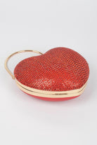 Red rhinestone heart shape clutch with a gold handle, perfect for glamorous evenings out