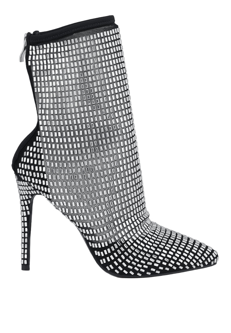 London Rag International rhinestone mesh boots with pointed toe and stiletto heel for a glam look