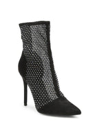 Black rhinestone stiletto boots with sheer mesh detailing and pointed toe for a stylish look