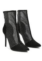 Black rhinestone stiletto boots with a mesh design for a stylish and trendy look