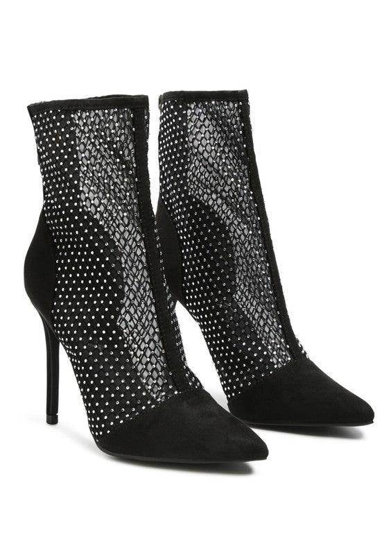 Black rhinestone stiletto boots with a mesh design for a stylish and trendy look