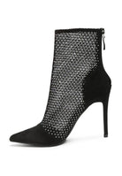 Rag Company rhinestone stiletto boots with mesh detailing and sleek pointed toe