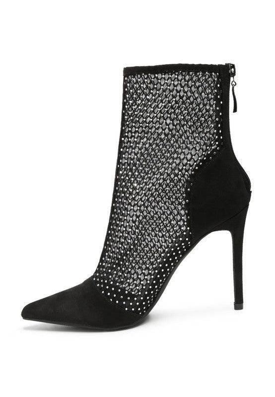 Rag Company rhinestone stiletto boots with mesh detailing and sleek pointed toe