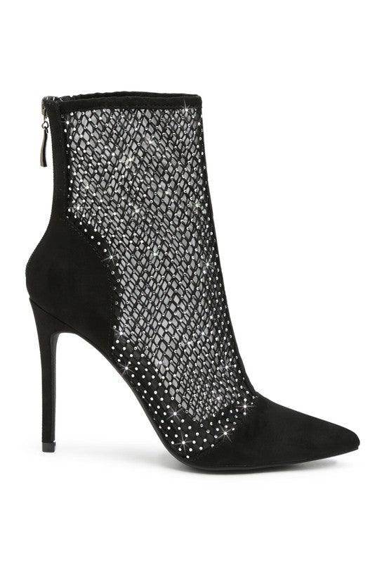 Rag Company rhinestone stiletto boots with mesh detailing and high heels for stylish looks