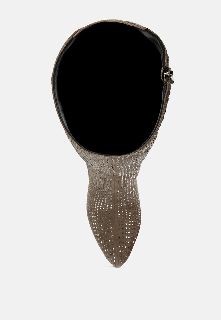 Overhead view of London Rag International rhinestone stiletto calf boots with a sleek design