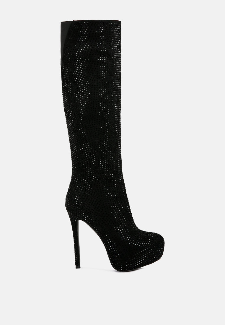 London Rag International rhinestone stiletto calf boots in black with a sleek design and high heel