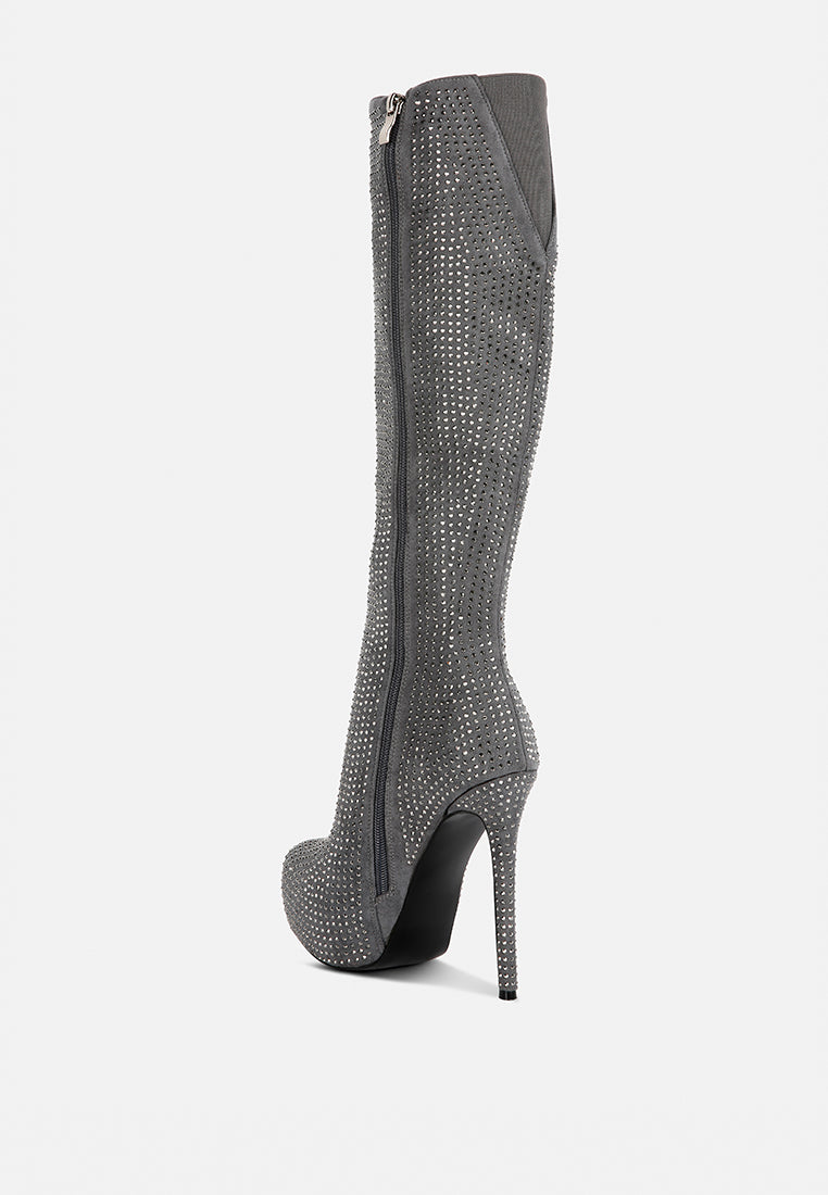 London Rag International rhinestone stiletto calf boots in gray with a sleek zip design for stylish elegance