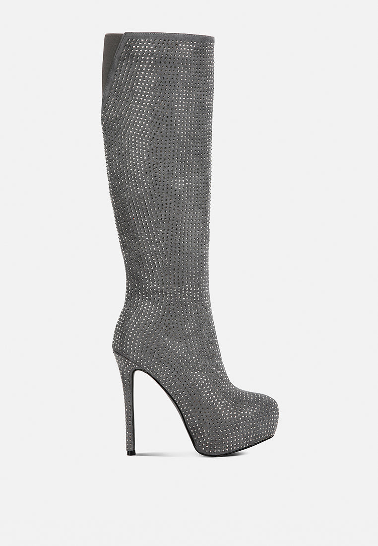 London Rag International rhinestone stiletto calf boots in gray with a high platform and elegant design