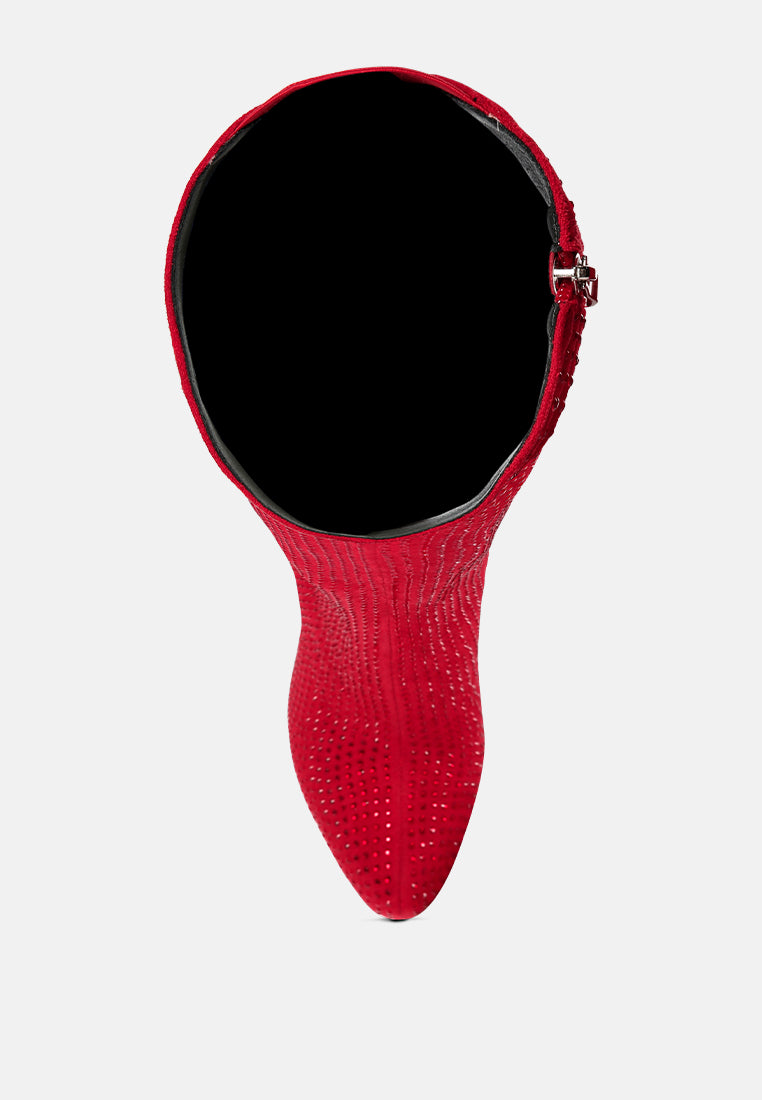 Elegant red rhinestone stiletto calf boots from London Rag International with a sleek design