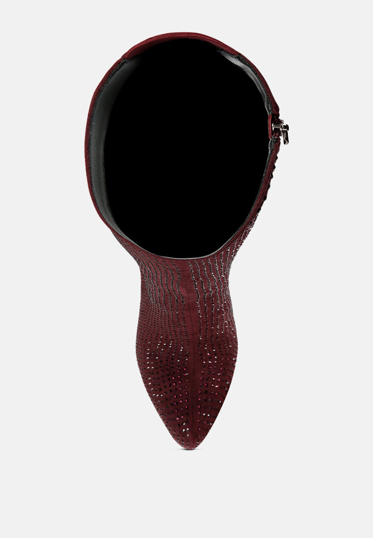 London Rag International rhinestone stiletto calf boots in burgundy with a sleek design and pointed toe