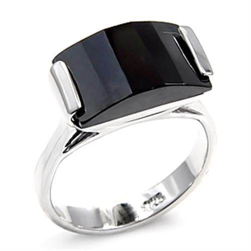 Stunning black gemstone rhodium 925 sterling silver ring with a polished finish and modern design