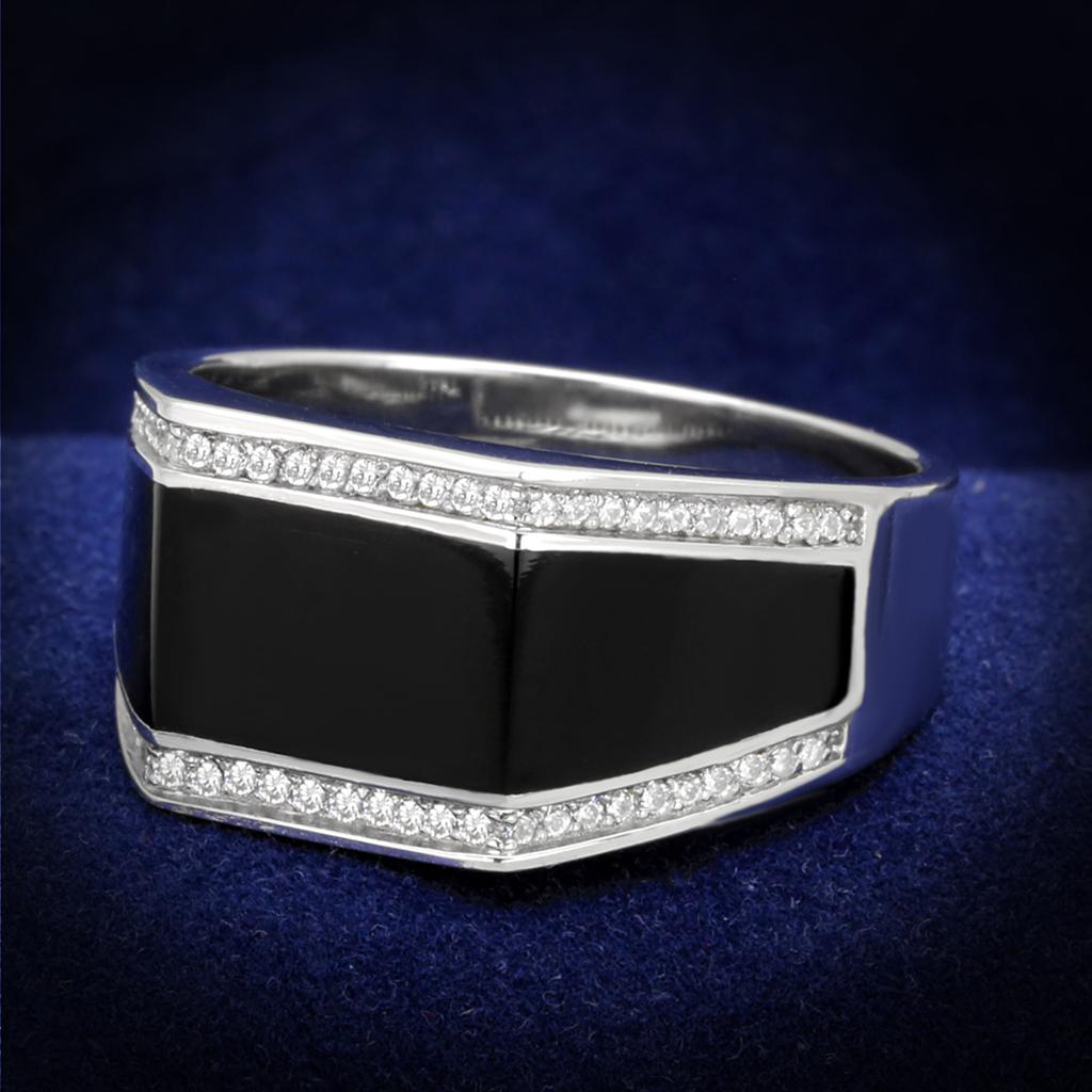Stylish rhodium 925 sterling silver ring with black enamel and sparkling diamond accents
