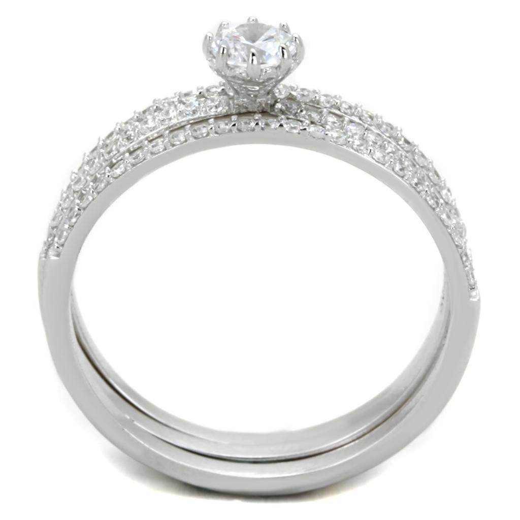 Elegant rhodium 925 sterling silver ring with a sparkling center stone and detailed band design