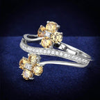 Rhodium 925 sterling silver ring for women featuring sparkling floral design with yellow gemstones
