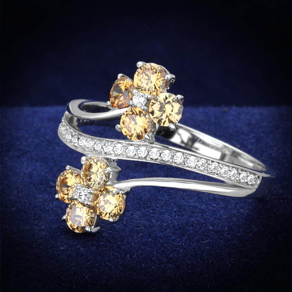 Rhodium 925 sterling silver ring for women featuring sparkling floral design with yellow gemstones